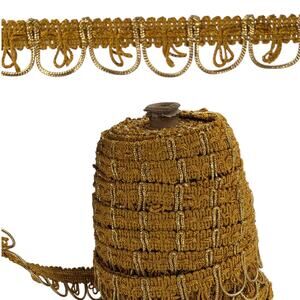 6 YDS UPHOLSTERY GIMP TRIM Lurex Harvest Gold Scalloped Fringe ~ Vintage 1970's